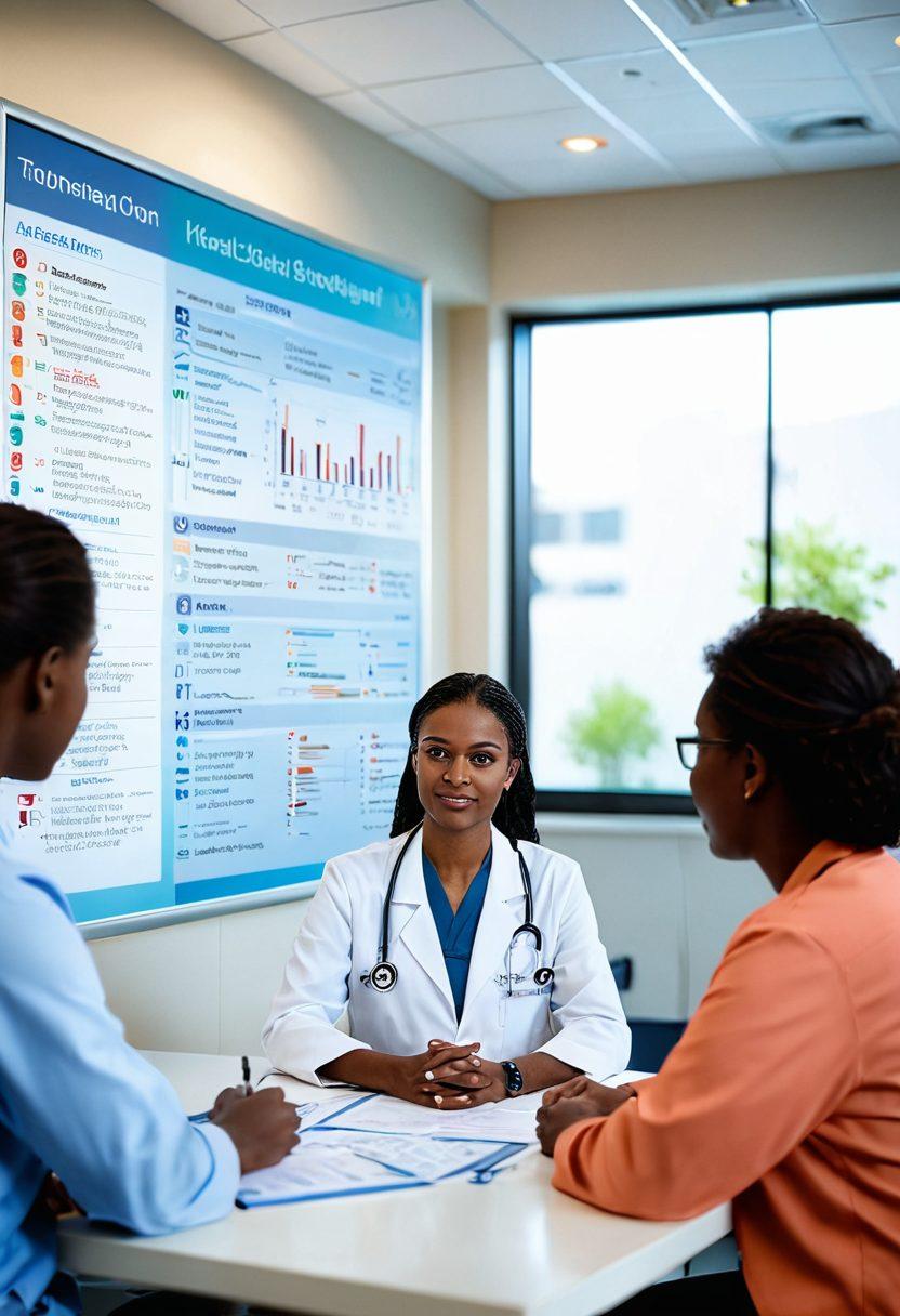 A compassionate healthcare professional guiding a diverse group of patients through renal care options in a modern clinic setting, showcasing informational charts and supportive resources. Emphasize warm interactions, hope, and empowerment. Bright lighting and a serene atmosphere enhance the focus on patient advocacy. super-realistic. vibrant colors. soft background.