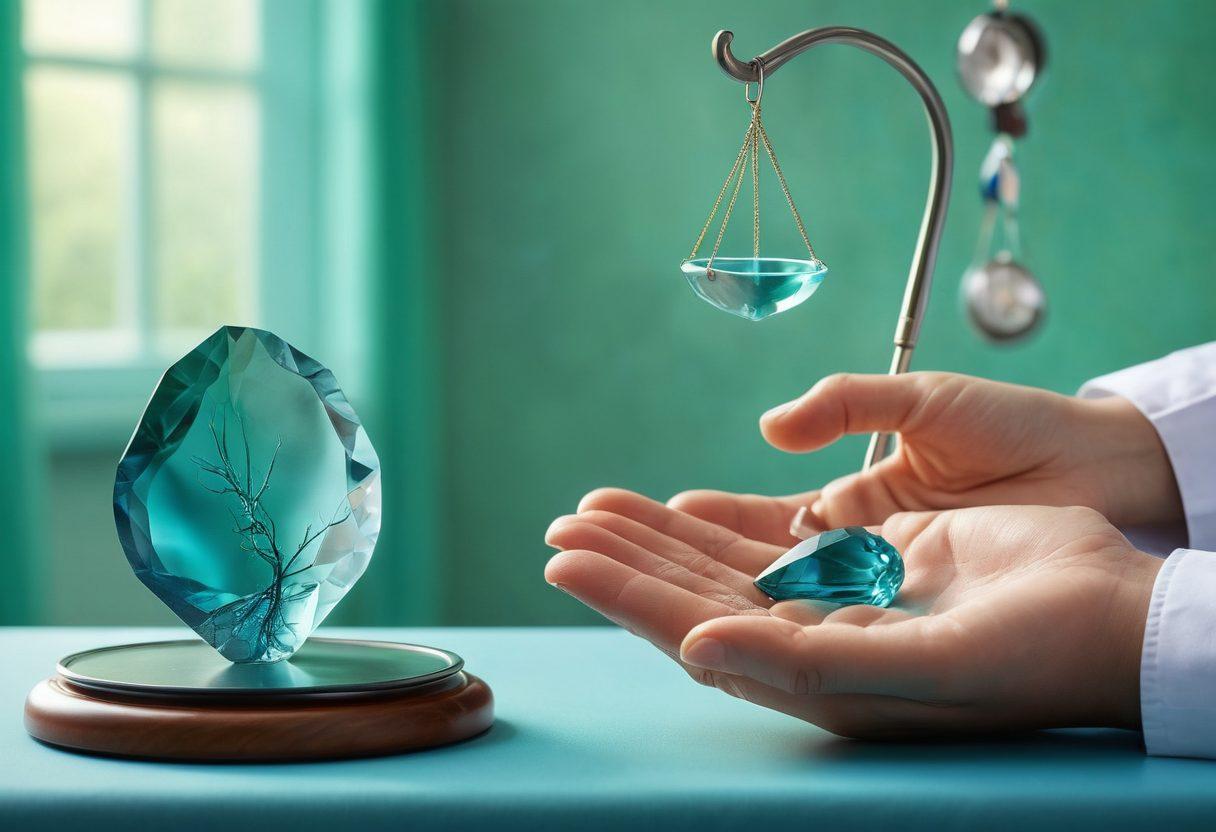 A thought-provoking illustration depicting a doctor's hand gently guiding a patient who is holding a kidney-shaped crystal symbolizing empowerment. In the background, a balance scale representing morality is visible, juxtaposed with vibrant hospital settings conveying hope. The colors are a harmonious blend of soothing greens and blues, creating an uplifting yet serious atmosphere. The scene is rich in detail, highlighting the connection between care and strength in the face of kidney disease. super-realistic. vibrant colors. soft-focus background.