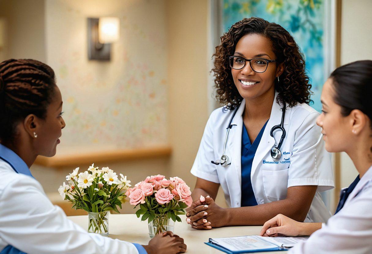 A compassionate healthcare professional guiding a diverse group of patients through a tranquil setting, showcasing supportive conversations about dialysis options. Include symbols of hope, such as blooming flowers and soft lighting, to represent empowerment and care. The patients should display a range of emotions like curiosity and optimism. super-realistic. vibrant colors. soft focus.